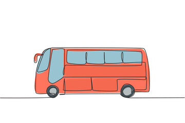 Poster - Single one line drawing of bus seen from the side that will serve passengers traveling between cities for holidays with family. Modern continuous line draw design graphic vector illustration.