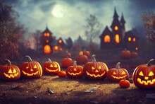 Halloween Creepy Spooky Background, Pumpkins, Jack-o-lantern, 3d Render, 3d Illustration