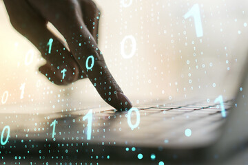 Wall Mural - creative abstract binary code sketch and hands typing on computer keyboard on background, hacking an