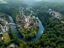 Czechia. Vranov nad Dyji Aerial View. Baroque castle and city in Moravian region in Czech Republic. Dyje river.  Vranov nad Dyjí Chateau. Czechia.