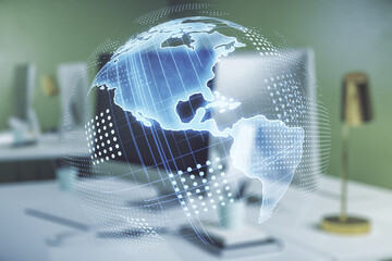 Wall Mural - double exposure of digital america map on laptop background, research and strategy concept