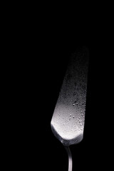 Canvas Print - metal spatula with water drops on a black background