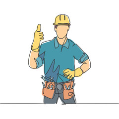 Wall Mural - One line drawing of happy handyman wearing helmet and carrying tools gives thumbs up. Home maintenance service excellent concept. Continuous line draw graphic vector design illustration
