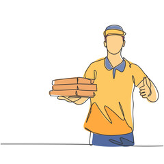 Wall Mural - One line drawing of young pizza delivery man gives thumbs up gesture while deliver the package to customer. Food delivery service business concept. Continuous line draw design vector graphic