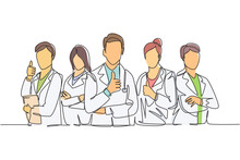 One Line Drawing Of Groups Of Young Happy Doctors Giving Thumbs Up Gesture For Best Healthcare Service In Hospital. Medical Team Work Concept. Continuous Line Graphic Draw Design Vector Illustration