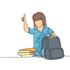 Wall Mural - One line drawing of young happy elementary school girl student packing stack of books up to put into the bag. Education concept continuous line draw graphic design vector illustration