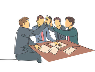 Wall Mural - One line drawing of young businessmen and businesswomen celebrating their successive goal at the business meeting with high five gesture. Business deal concept continuous line draw design illustration