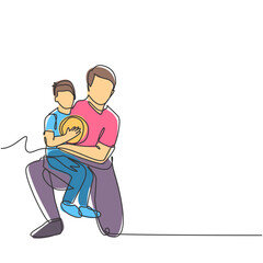 Wall Mural - Single line drawing of young happy father hugging her child that carried a basket ball on basketball court. Parenting family concept. Modern continuous line draw design vector graphic illustration