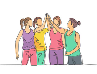 Wall Mural - One line drawing of group of young happy women giving high five gestures after doing some aerobics exercise at gymnasium together. Fitness concept continuous line draw design vector illustration