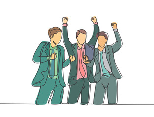 Poster - One continuous line drawing of young startup founders and CEO raised their fist into the air to celebrate their success got fund from investor. Business concept single line draw design illustration