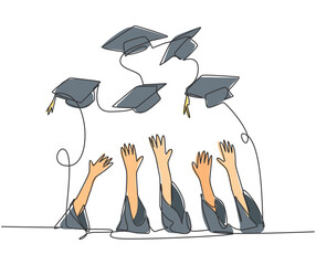 One single line drawing of group of college student throw their cap to the air to celebrate their school graduation. Undergraduate education concept continuous line draw design vector illustration