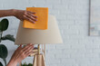 © LIGHTFIELD STUDIOS - partial view of housewife cleaning lamp with soft rag.