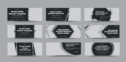 EPS horizontal vector web banner template, black background with text, company info, place for photo, brochure design in brush strokes. Set.