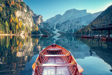 Boats On The Braies Lake ( Pragser Wildsee ) In Dolomites Mountains, Sudtirol, Italy. Alps Nature Landscape.