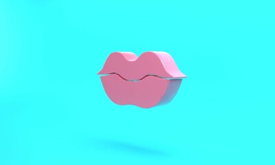 Sticker - Pink Smiling lips icon isolated on turquoise blue background. Smile symbol. Minimalism concept. 3D render illustration