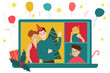 Christmas online greeting on laptop screen. Family, couple, young people are video chatting. Video calling on laptop virtual discussion. Flat vector illustration