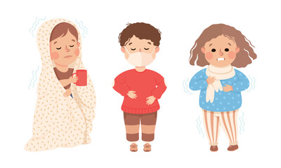 Sticker - Sick Little Boy and Girl Feeling Unwell Suffering from Body Tremor and Cold Vector Set