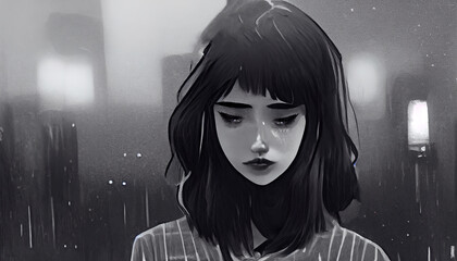 sad anime girl crying. a drawing of a cute sad woman being depressed. hearthbroken woman, digital ar
