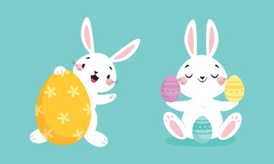 Canvas Print - White Easter Bunny with Colorful Egg Sitting on Blue Background Vector Set