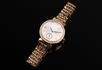 classic chronograph wristwatch. Swiss golden wrist watch. luxury fashion watch stainless steel chrome with geometric dial. Luxury watch. With clipping path. Gold watch. Women watch. Female watch.