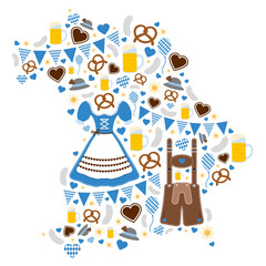 Wall Mural - Oktoberfest Symbole Blau Braun Umriss Landkarte Bayern