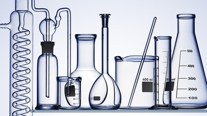 Wall Mural - glass chemistry lab equipment on blue background. chemistry lab concept. 3d