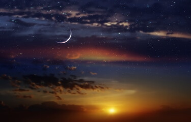 Wall Mural - night dramatic sunset and moon on starry sky star fall wind on blue lilac nebula with planet flares 