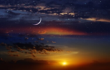 Wall Mural - night dramatic sunset and moon on starry sky star fall wind on blue lilac nebula with planet flares 