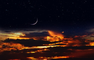Wall Mural - night dramatic sunset and moon on starry sky star fall wind on blue lilac nebula with planet flares 