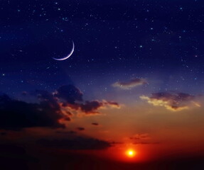 Wall Mural - night dramatic sunset and moon on starry sky star fall wind on blue lilac nebula with planet flares 
