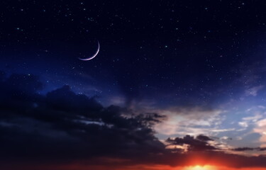 Wall Mural - night dramatic sunset and moon on starry sky star fall wind on blue lilac nebula with planet flares 