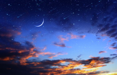Wall Mural - night dramatic sunset and moon on starry sky star fall wind on blue lilac nebula with planet flares 