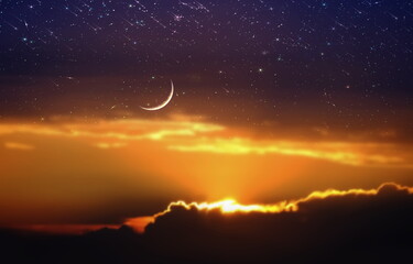 Wall Mural - night dramatic sunset and moon on starry sky star fall wind on blue lilac nebula with planet flares 