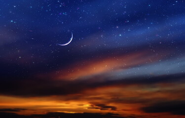 Wall Mural - night dramatic sunset and moon on starry sky star fall wind on blue lilac nebula with planet flares 