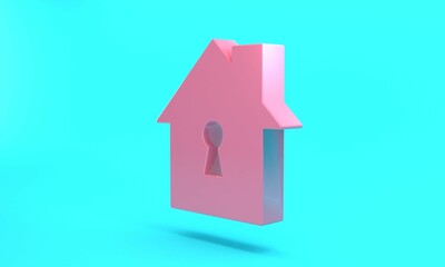 Pink House under protection icon isolated on turquoise blue background. Home and shield. Protection, safety, security, protect, defense concept. Minimalism concept. 3D render illustration