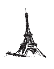 Eiffel Tower In France, Grunge Brush Drawing, Vintage Icon, Symbol Of France. Vector Doodle Sketch Isolated On White Background.