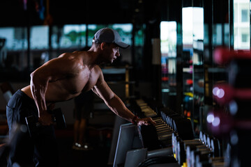 Wall Mural - muscular man working out with dumbbells in gym dark tone,