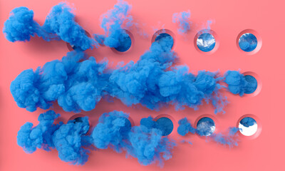 blue cloud smoke on pink background with circular holes.