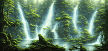 Large Wide Cascading Waterfall In The Forest, Water Flows Down The Mountainside. 3d Illustration