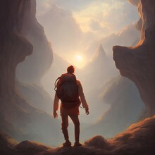 Traveler Wanderer With A Backpack On His Back, A Man Goes Through The Mountains To Meet Adventures. 3d Illustration