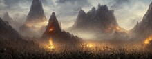 Fantasy Medieval Battle Of The Warriors Of Good And Evil. Battlefield Is On Fire, Deadly Battle Of Ice And Flame. 3d Illustration