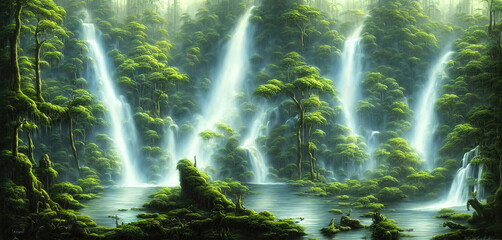 Fototapete - Large wide cascading waterfall in the forest, water flows down the mountainside. 3d illustration