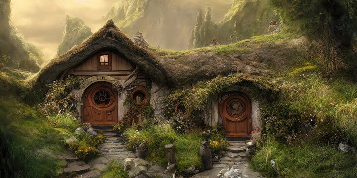Fototapete - Hobbit village, houses with round doors and windows. Roofs of the houses are covered with grass. World of the Lord of the Rings. 3d illustration