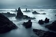 © Everlasting Dreams - Gale force winds, turbulent ocean waves, dangerous storm surf, very jagged volcanic pumice rocks and lethal cliffs on beach shoreline - moody overcast sunset - surreal seascape digital illustration.