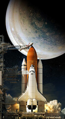 Wall Mural - space shuttle takes off into space on jupiter background. elements of this image furnished by nasa.