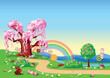Sweet cotton candy tree in candy land. Fairy tale tree surrounded by sweets, candies and sugar fruits. Vector illustration of a fairytale landscape.