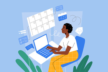 Young woman using digital planner, personal calendar, young girl sitting at table, using laptop, taking notes, creating lists, check-lists, managing her project, vector characters illustration