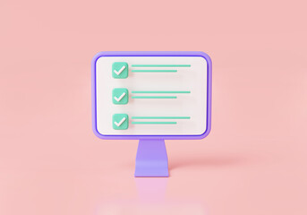 Checklist on computer isolated on pink background. PC and check list, Online exam, Planning and organization of work, fast checklist, project plan, check marks. 3d icon rendering illustration