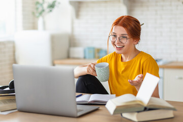 Wall Mural - Happy woman freelancer using laptop for work, having video call, discussing something, working remotely at home. Smiling female student talking to a teacher online