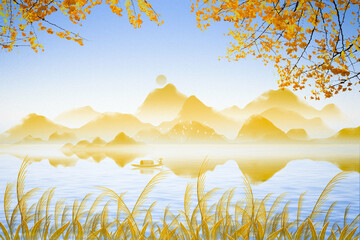 Wall Mural - peaceful spring Chinese painting of mountains and rivers Clouds and pines High mountains of China